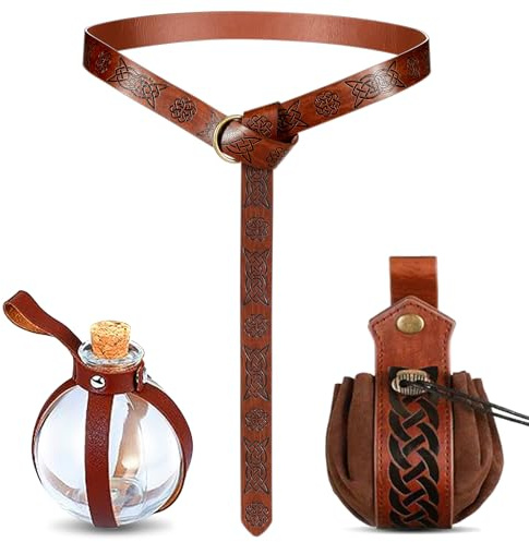 Sintege 3-tlg Mittelalter Accessoires Set Wikinger Gürtel mit Keltischem Muster, Leder-Gürteltasche & 250ml Zaubertrank Flasche Kostüm Zubehör für LARP, Karneval, Magier & Hexe