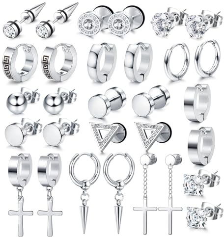 JeweBella 15Paar Ohrringe Herren Schwarz/Silber Ohrringe Set für Herren