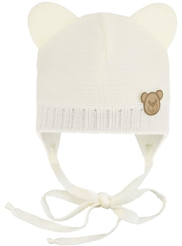 CiuchCiuch Baby Mütze Bär zum Binden mit Ohren - Wintermütze Erstlingsmütze Bindebänder - Acryl Baumwollfutter Neugeborenen 0-24 Monate - Ergonomische Zweilagige Strickmütze
