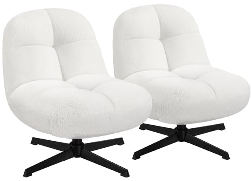 Yaheetech Set 2 Poltrone in Tessuto Boucle Senza Braccioli Sedia Imbottita Girevole a 360° Sedie Ufficio Senza Ruote Poltrona per Soggiorno Camera da Letto Sala Riunioni Bianco 68 × 81 × 74 cm