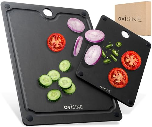 ovisine Schneidebretter-Set Lyons | mit Saftrille | Frühstücksbrettchen spülmaschinenfest | rutschfest | aus Kunststoff und Holzfaser | Küche | Schneidebrett | L 37 x B 27,5 / L 25 x B 19 cm