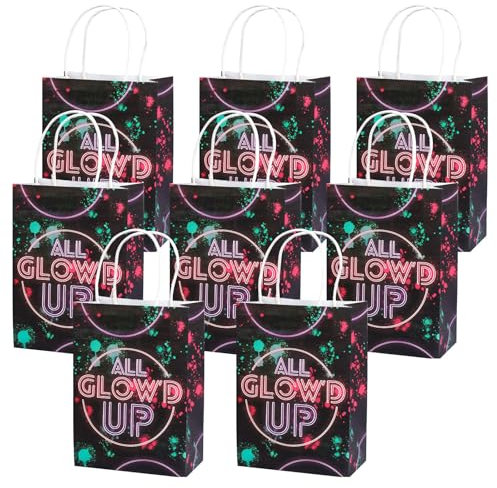Glow Neon Party Papiertüten Kindergeburtstag, 8 Stück Candy Tüten Glow Neon Partyzubehör, Glow in the Dark Geburtstagstüten, Leuchtet im Dunkeln Partytüten, Kraftpapiertüten Geschenktüten für Fasching