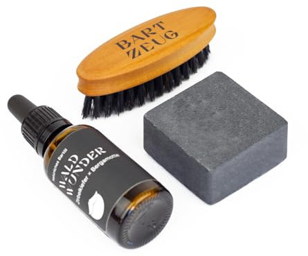 BARTZEUG Bartpflegeset für Männer・Mit Bartöl, Bartseife & Bartbürste・natürliche Bartöl Waldwunder - Zirbelkiefer x Bergamotte ・Bartseife schwarz (Waldwunder) - mit Aktivkohle ・kleine Bartbürste