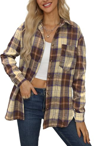 NONSAR Blusa a cuadros para mujer, con abotonera, manga larga, para fiesta de la cerveza, túnica casual, M