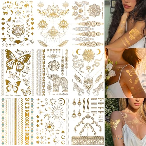 9 Blatt Gold Temporäre Tattoos Aufkleben Damen Flash Glitzer tattoo, Metallic Festival Accessoires Tattoos Erwachsene Party Zubehör Frauen Mädchen Haut Halloween