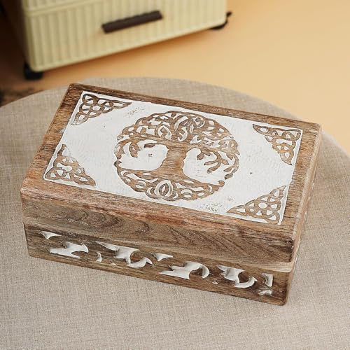 Wood Tree of Life Keepsake Jewellery Box Organiser Unique Gift Ideas for Men & Women Wooden Jewellery Storage Multipurpose Treasure Box Organizer Travel Keepsake | 8 X 5 X 2.5 Inch (TreeOfLife)