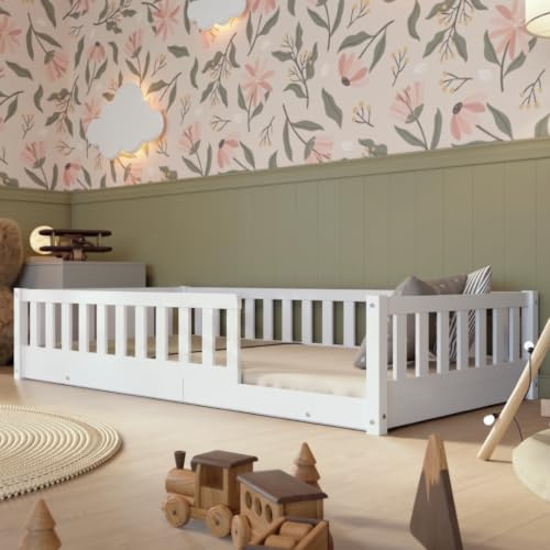 Crazy Pine Kinderbett 120x200 cm – Massives Montessori Bodenbett aus Holz in Weiß mit Rausfallschutz – Sicheres Kleinkindbett – Skandinavisches Design, Leichte Montage - Crazy Basic