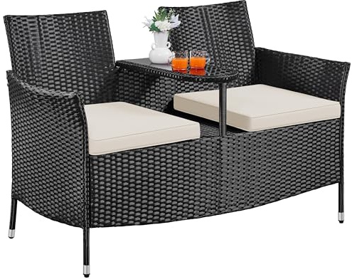 Yaheetech 2-Seater Rattan Garden Bench, PE Wicker Loveseat, Black/Beige | Companion Seat | Patio Outdoor Furniture | Soft Cushions | Spacious 2-Person Seating | For Patio Balcony Lawn & Backyard