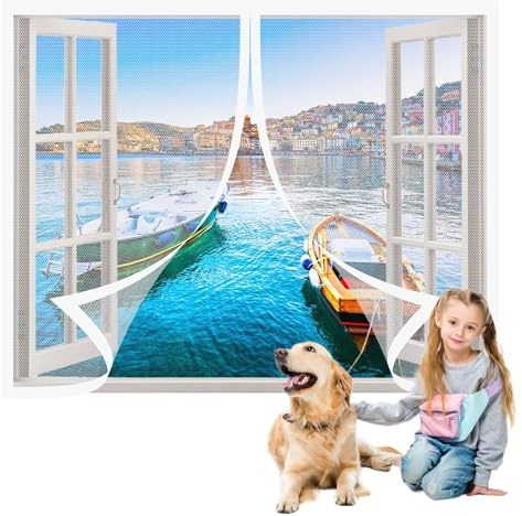 Mosquiteras para Ventanas Abatibles 93 x 115 cm sin Taladrar Autosellada con Imanes Sellado Automaticamente para Todas Las Ventanas Interiores y Exteriores, Blanco