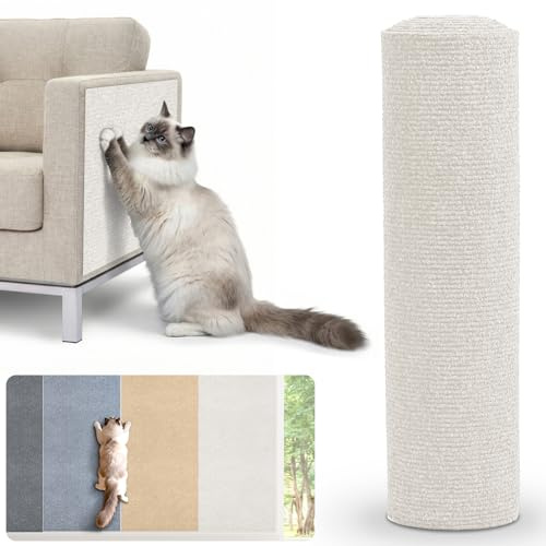 Homwiz Selbstklebende Kratzschutz Sofa Katze, 200cmx40cm Kratzmatte Selbstklebend, DIY Kratzmatte Katze Kratzteppich Kratzbrett Wand für Couch, Katzenständer, Holzgriff, Katzenturm (Cremeweiß)
