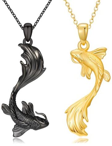 PARYFO Koi Halskette Paare Kette 925 Sterling Silber Koi Anhänger Schwarz und Gold BFF Kette für 2 Stück Freundschaft Paar Schmuck Geschenke für Paar Freunde Schwester Partner