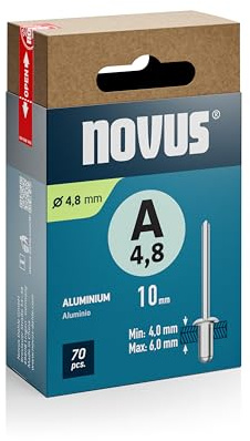 Novus Tools Rivets aveugles en aluminium Ø 4,8 mm, 10 mm, 70 rivets | Épaisseur du matériau 4,0 - 6,0 mm, assemblage de métaux non ferreux, plastiques, matériaux légers, cuir et tissus