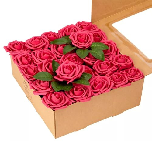 RCZ Décor Künstliche Fuchsia-Schaumstoffrosen mit Stielen und Blättern, 50 Stück, perfekt für Hochzeits-Mittelstücke, Event-Dekoration, DIY-Blumensträuße und mehr