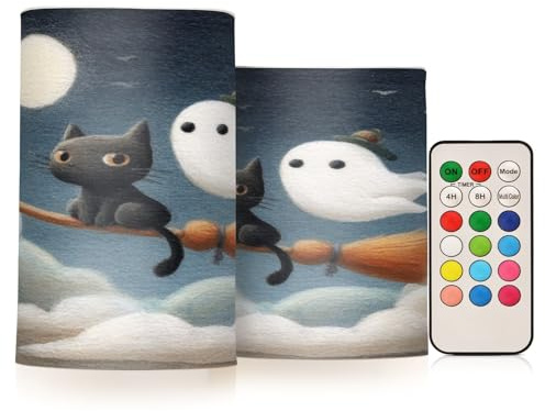 MCHIVER Halloween Cat Ghosts Broom Flameless Candles with Remote Timer Battery Operated LED Tealight Electric Fake Candles Set of 2 for Wedding Table Fireplace Home Decor