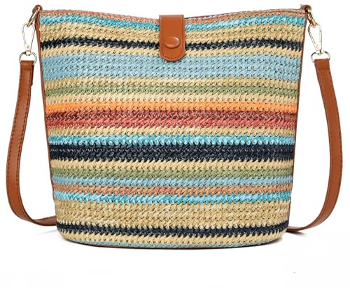 ALARION Straw Crossbody Bags for Women Summer Woven Beach Bag Raffia Shoulder Bag Leather Straps Straw Clutch Purse Vacation