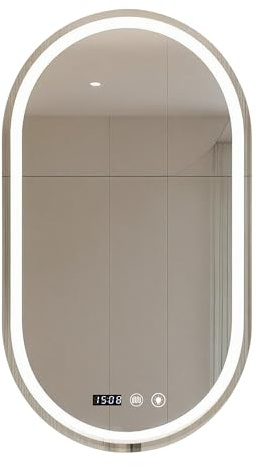 Espejo de Baño con Luz. Espejo Ovaldo de Pared con Enchufe, 3 Tonos de Color, Ajuste de Brillo y Antivaho, con Indicador de Hora y Temperatura. Ideal para Baño o Tocador. (Vertical– 60x90cm)