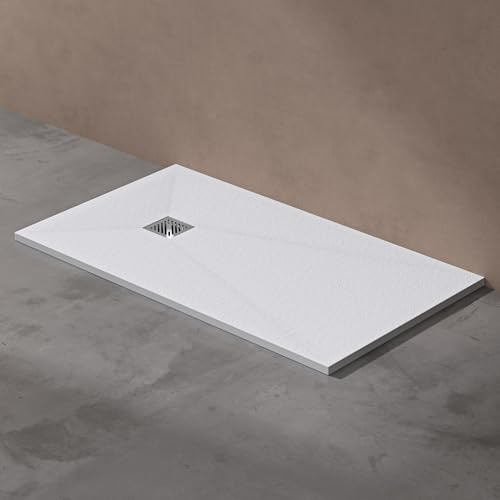 doporro Duschwanne Duschtasse 90x140x3cm Mineralguss Weiß Ablaufgarnitur | Flache Rechteckig Duschwanne für bodenebene Montage mit DIN-Anschlüssen – stabil & pflegeleicht AL06 Geoma09
