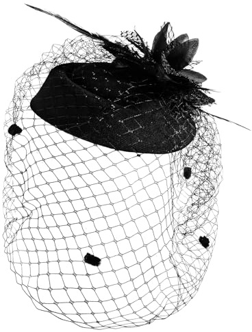 ElevateTech Vintage Fascinator Hut Damen 20er 50er Jahre Fascinator Schleier Mesh Stirnband Schwarze Pillbox Hut Mit Feder Mesh Gesichtsschleier Tea Party Kopfbedeckung Hochzeit Kopfschmuck, Schwarz