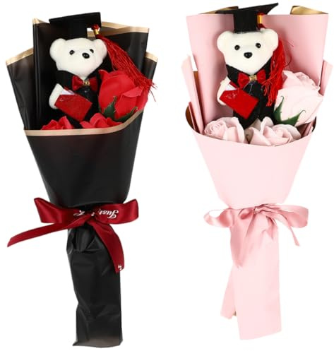 Ipetboom Bouquet di Orsetti di Laurea 2023 Fiori di Sapone Profumati Set da 2 Pezzi per Regalo Laurea per lei e Decorazione Foto Festa
