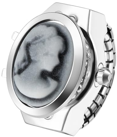 JewelryWe Ringuhr Damen Elastische Fingeruhr Vintage Analog Quarz Fingerringuhr mit Kamee-Motiv Dehnbarer Metallband Ring Uhr Uhrenring