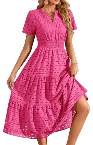 PASUDA Robe d'été pour Femme Chic Et Elegant Longue Robes Manches Courtes Col en V Coton Robe Plage Décontracté Boheme avec Poches