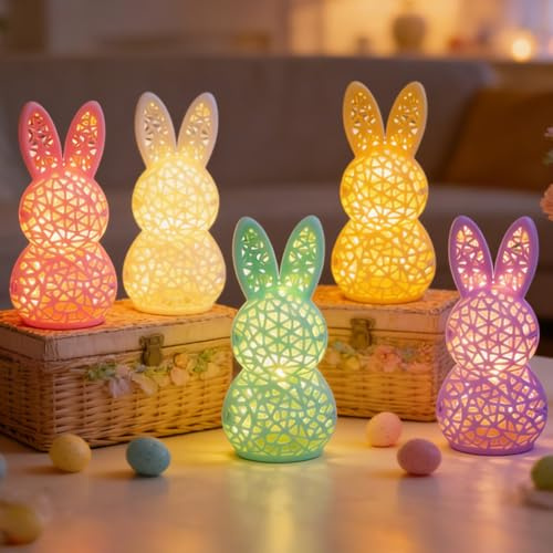 Osterdeko Hasenlampe Ostern 3D Gedruckt Osterhase Figuren Deko mit LLED Lichterkette Nachttischlampe Rosa Frühlingsdeko Ostergeschenke Osterdeko Innen für Wohnzimmer Büro und Schlafzimmer (5PCS)