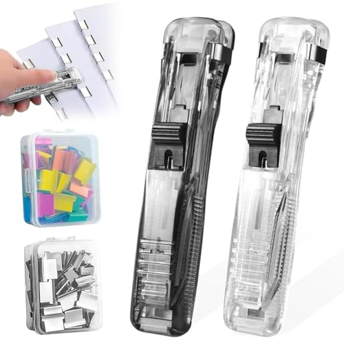 Binder Clip Tacker Set, Beinhaltet 2 Stück Push Clip (Transparent + Schwarz), 100 Wiederverwendbare Heftklammern, Einfach Zu Bedienen, Kompakt und Tragbar, Büroaufbewahrungsaccessoires