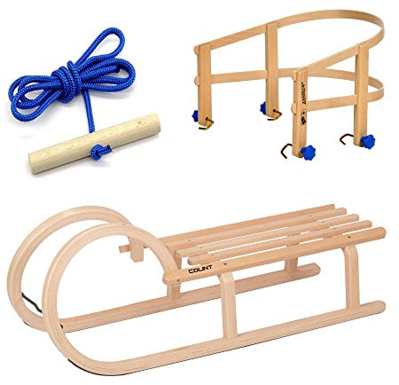 Colint Holzschlitten Rodel 100 cm Hörnerschlitten Leine Lehne Holz Schlitten Set
