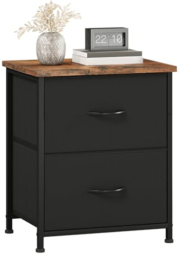 Somdot Black Bedside Table, Bedroom Bedside Cabinet with 2 Fabric Drawers, Nightstand Side Table for Kids Living Room Dorm, Black Rustic Brown