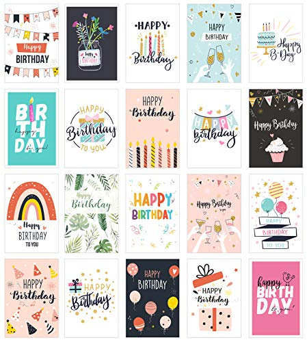 Edition Seidel Set de 20 cartes d'anniversaire, cartes postales, cartes de félicitations, cartes d'anniversaire pour homme et femme, cartes de vœux avec inscription « Happy Birthday »