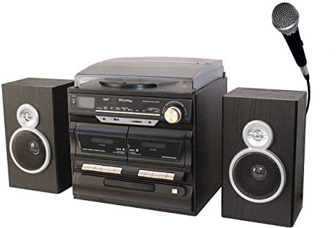 TechPlay Karaoke habilitado, 30 W RMS, tocadiscos clásico retro, NFC Bluetooth, reproductor de cassette/grabadora doble, reproductor de CD y MP3, puertos USB SD, reloj despertador digital AM/FM y
