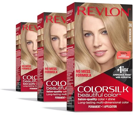 Revlon ColorSilk Permanent Hair Color, 100% Gray Coverage Dye Kit, Ammonia-Free, Keratin and Amino Acids, Blonde Shades, 74 Medium Blonde (Pack of 3)