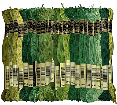 Green Colors 100% Long-staple Cotton Embroidery Floss Pack Cross Stitch Threads, Pack of 23 Skeins
