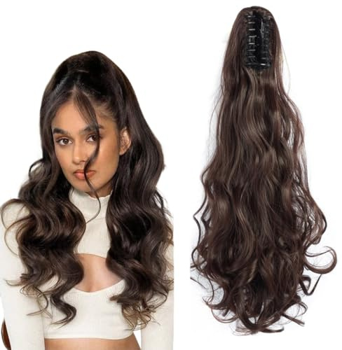 prinfantasy Hair Extensions Clip In Hair Extensions Ponytail Wellige Locken Pferdeschwanz Haarverlängerung Lange Lockige Clip Synthetischer Haarteil für Frauen und Mädchen MW030