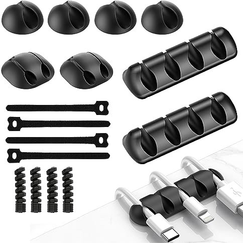 BESTYCHAO Kabelclips, 16-teiliges Kabelmanagement-Set, 8 selbstklebende Kabelhalter, 4 verstellbare Kabelbinder, 4 Kabelbrücken für USB-Kabel, TV, Computer, Büro, Auto - schwarz