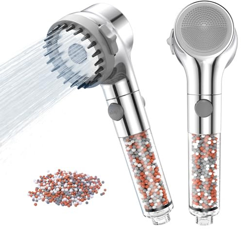 Zivacate Duschkopf Druckerhöhend mit Mineralstein-Filter | Silikon-Massagebürste, 3 Strahlarten und Wasserstoppknopf | Antikalk Wassersparender Handbrause