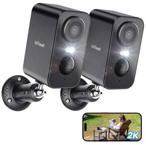 ieGeek 2K Telecamera Wi-Fi Esterno Senza Fili, Videocamera Sorveglianza Interno WiFi Batteria, Rilevamento Movimento PIR, Visione Notturna a Colori, Faro e Allarme, 2 Vie Audio, SD/Cloud, Nero 2 Pezzi