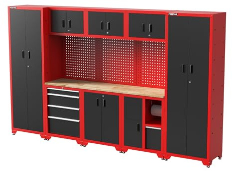 FEISTOS Werkstatteinrichtung | Werkzeugschrank Juno 15 | inkl. Lochwand | Schwarz/Rot | 330x46x198 cm