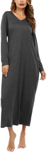 Sykooria Lång nattlinne för kvinnor bomull säckig nattlinne plus size nattskjorta långärmad v-ringad sömnklänning vardaglig nattkläder med fickor, A - Mörkgrå1, 3XL
