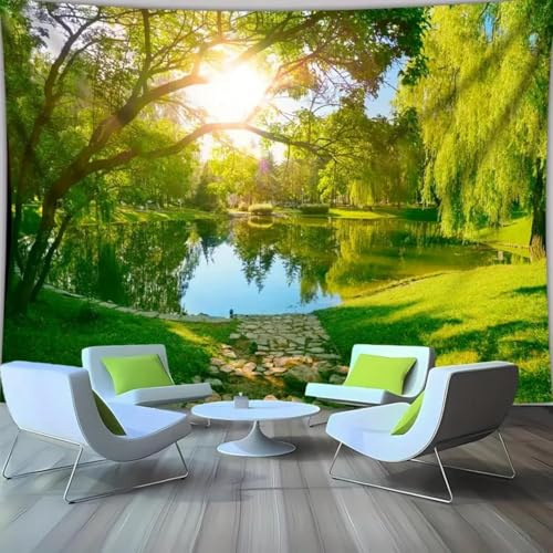 Arsey Naturlandschaft Wandteppich, Park mit See Sonnigem und Weidenbaum Wandteppiche Aesthetic Natur Wandtuch für Schlafzimmer Wohnzimmer Deko, Grün, 150x130cm