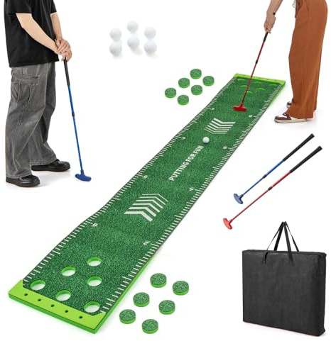 COSTWAY Golf pong lekset, 332 cm golf slaktmatta med 2 justerbara racketar, 6 bollar och 12 hålskydd för fest, trädgård, inomhus utomhus golf, träningsmatta