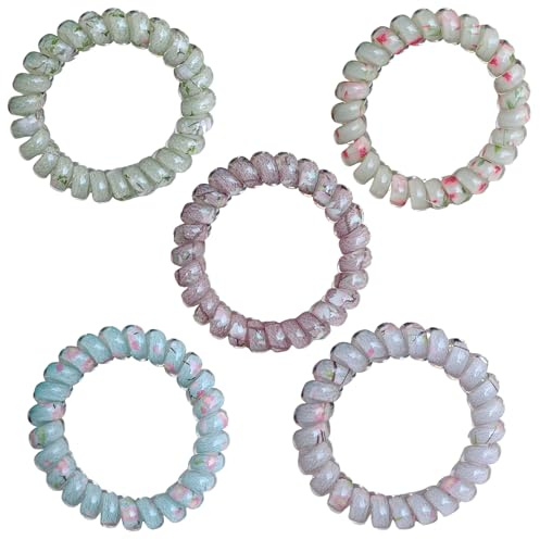 MOTIBACK 5 Pcs Spiral Hair Ties, MultiColor Traceless Plastic Phone Cord Hair Ties for Women and Girls, Clear Elastic Ponytail Holder Hair Bands for Thick & Thin Hair (5 Colors)