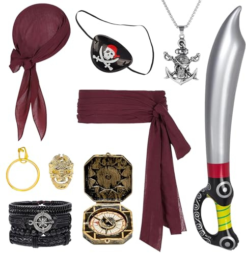 Oerphh 9 Stück Piraten Kostüm Zubehör Damen Herren Mittelalter Piratenkapitän Kostümzubehör Verkleidung Design Accessoires Piraten-Design-Accessoires Set für Halloween Karneval Cosplay Party