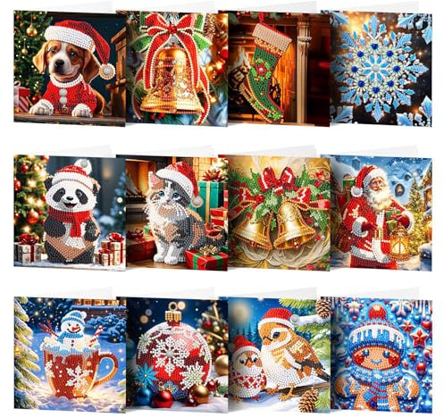 HNLMZ 5D Diamond Painting Weihnachtsgrußkarte 12 Stücke Weihnachtskarte Strass Handwerk Grußkarte,Handgefertigte DIY Weihnachten Grußkarten,Weihnachtskarte Postkarten Geschenkkarte für Weihnachtsdeko