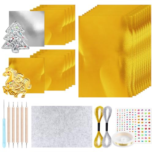 Goldfolie Transferfolien Prägefolie Gold Set Dekorativ Alufolie Gold Transferfolie Embossing Foil Karton Metall Prägeset Silber Golds Glanz Bastelzubehör mit Schimmer Effekt für Malerei Prägen
