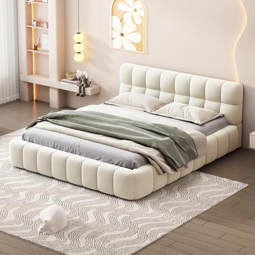 KOOPMAD Bubble Bett 140x200cm, Polsterbett mit Lattenrost, Doppelbett mit Weicher Kopfteil, Jugendbett 140x200, Bettgestell für Schlafzimmer und Gästezimmer, Ohne Matratze, Leinen (Beige, 140x200 cm)