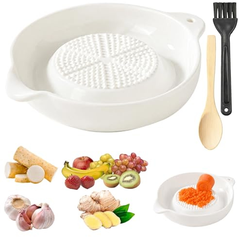 3 Pack Garlic Grater Plate with Wooden Spoon & Brush, Ceramic Grater Plate for Kitchen, Reusable Garlic Press Grater for Ginger Onion Puree Paste