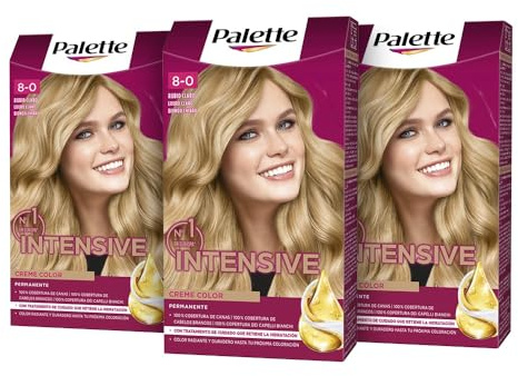 Palette Intensive Creme Color 8-0 Rubio Claro, tinte de pelo permanente con aceite de macadamia y almendras, cubre el 100% de las canas y raíces, para un color radiante, Pack 3