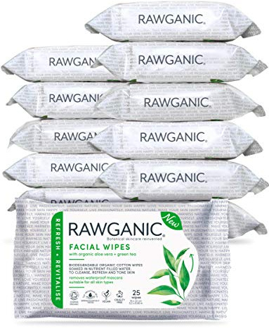 RAWGANIC Refreshing Facial Wipes | Gentle Soothing, Alcohol-free, Fragrance-free, Biodegradable Organic Cotton Wipes | with Aloe Vera and Green Tea, Box of 12 Packs