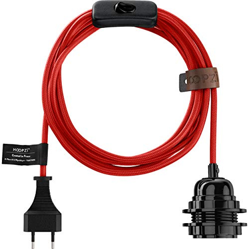 Hoopzi - Bala - Fassung e27 mit Kabel - Lampenfassung e27 mit Kabel und Schalter - Textilkabel mit Fassung - Lampenkabel - Pendelleuchte - 4,5 Meter - 36 Farben - Rot